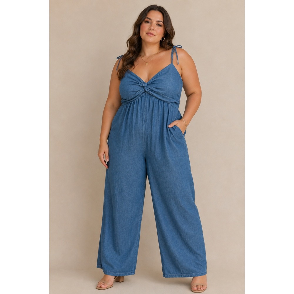 Old Navy Jumpsuit Womens XL Blue Chambray Twist Front Wide Leg Casual Pockets